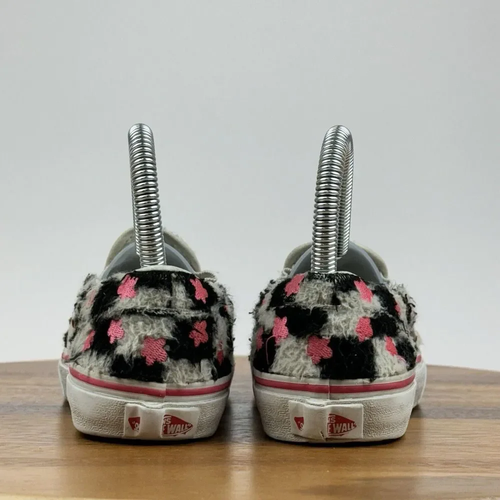 Big Kids Girls Vans Sherpa Classic Slip On Check Pink Flower Sneakers Size 1.5 Y
